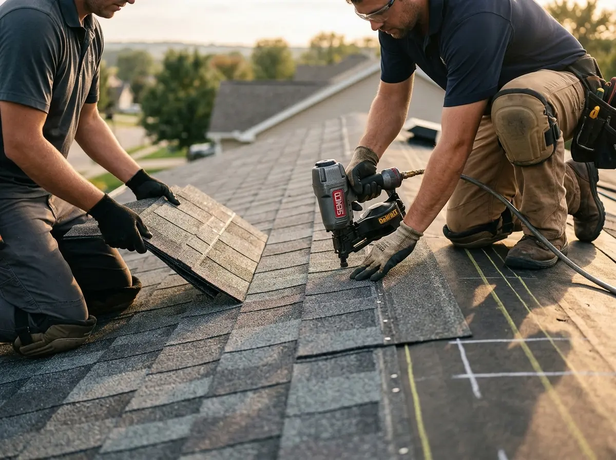Professional roofer working on a residential roof in Mokena